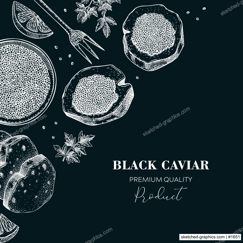 Black caviar canape with lemons and spices background design. Canned seafood sketches on chalkboard. Vector illustration in vintage style.