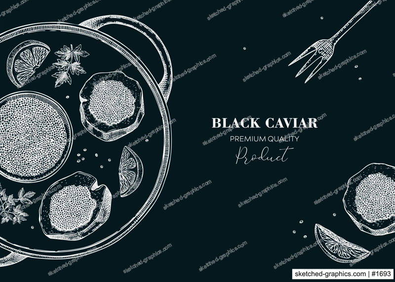 Hand drawn tray with black caviar canape with lemons and spices banner design on chalkboard. Canned seafood sketches. Vector illustration in vintage style.