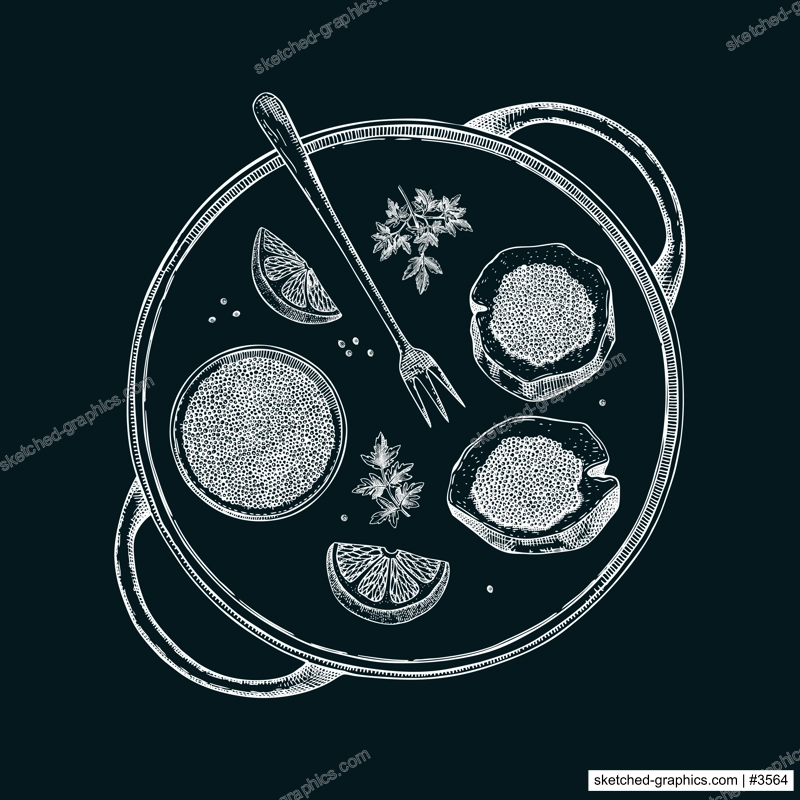 Hand drawn tray with black caviar canape with lemons and spices on chalkboard. Canned seafood sketches. Vector illustration in vintage style.