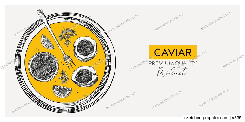 Seafood platter in collage style. Black caviar abstract banner design  for restaurant menu or finger food party. Hand-drawn canned caviar, black caviar canape, lemons sketches. Vector food background