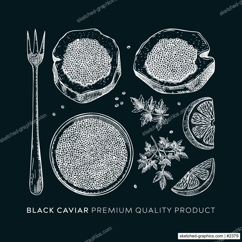 Hand-drawn black caviar sketches set isolated on chalkboard. Black caviar in opened tin can, caviar canape, lemons, spices vector drawings. Seafood delicacy illustrations for restaurant or finger food