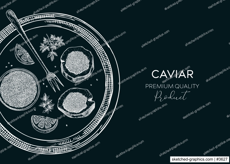 Black caviar background in sketched style. Seafood platter for restaurant menu or finger food party. Hand-drawn tray with tin can, black caviar canapes, lemons and spices sketches on chalkboard