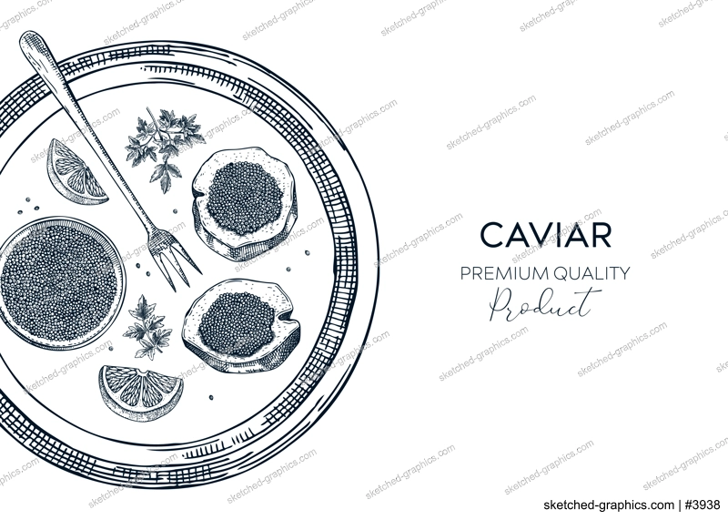 Black caviar background in sketched style. Seafood platter for restaurant menu or finger food party. Hand-drawn tray with tin can, black caviar canapes, lemons and spices sketches isolated on white