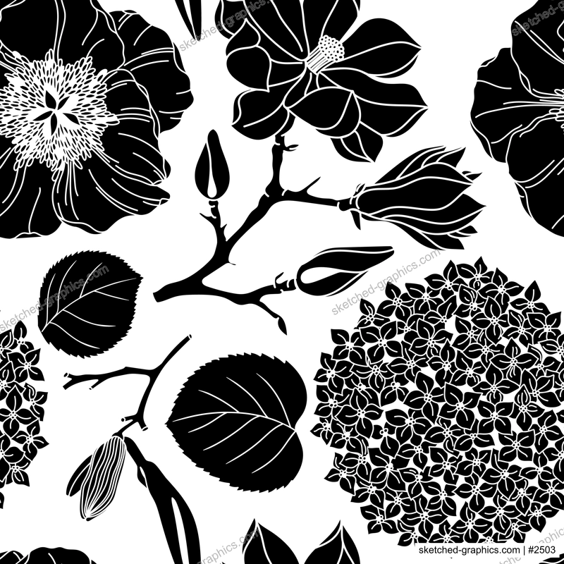 Vector seamless pattern with black flowers on white background. Botanical design for packaging, wrapping paper, wallpaper, fabric, fashion. Garden peony, poppy, lily, magnolia silhouettes backdrop