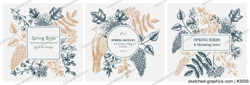Blooming branches hand drawn frame templates. Floral wreath designs with birds and spring trees in flowers. Cherry, almond, willow, rowan, currant, Japanese quince, lilac sketches for cards or prints