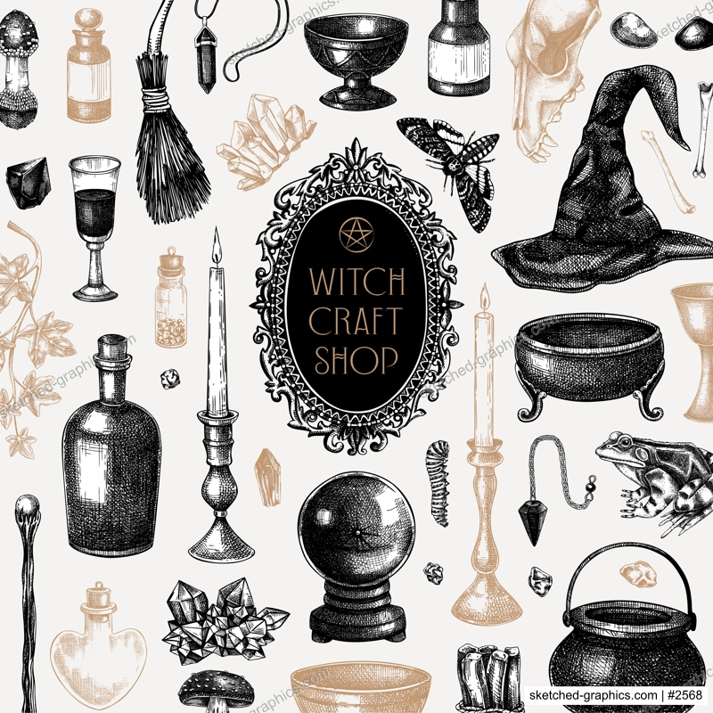 Bohemian witchcraft hand-drawn vector illustration. Vintage Halloween sketches. Witch party invitation, card, poster, flyer design. NOT AI generated