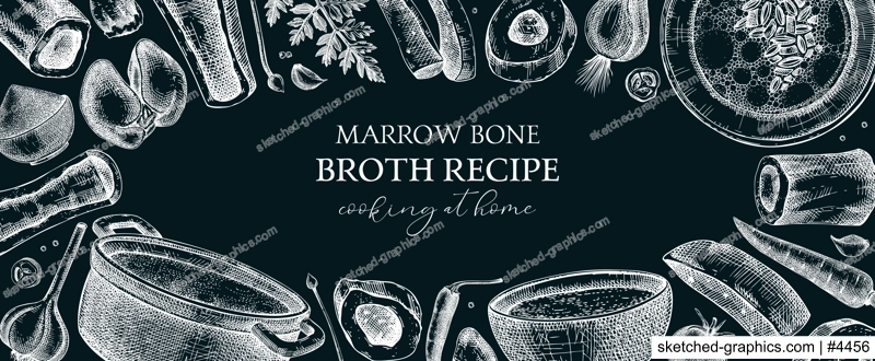 Healthy food background. Marrow bone broth banner. Hot soup on plates, pans, bowls, organ meat, vegetables, marrow bones sketches. Hand drawn vector illustrations. Homemade food on chalkboard