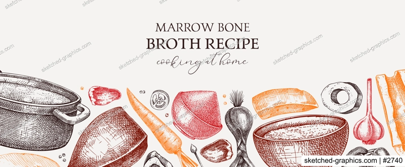 Healthy food background in color. Marrow bone broth banner. Hot soup on plates, pans, bowls, organ meat, vegetables, marrow bones sketches. Hand drawn vector illustrations. Homemade food ingredient