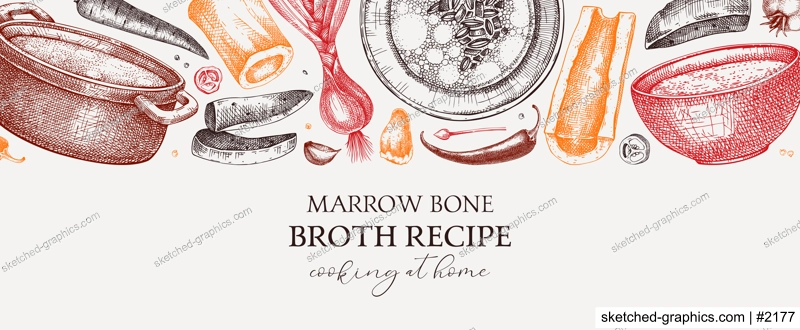 Healthy food background in color. Marrow bone broth banner. Hot soup on plates, pans, bowls, organ meat, vegetables, marrow bones sketches. Hand drawn vector illustrations. Homemade food ingredient