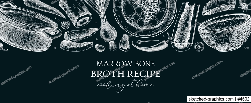 Healthy food background. Marrow bone broth banner. Hot soup on plates, pans, bowls, organ meat, vegetables, marrow bones sketches. Hand drawn vector illustrations. Homemade food on chalkboard