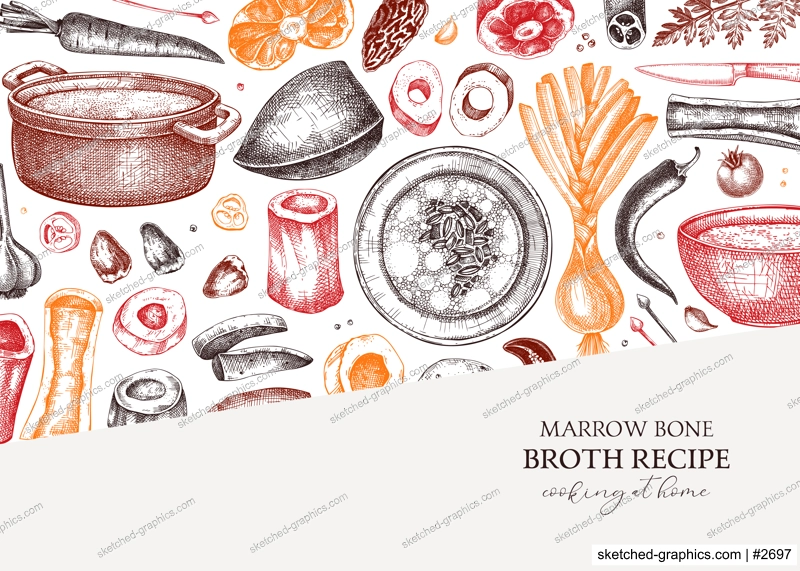 Healthy food background. Marrow bone broth banner. Hot soup on plates, pans, bowls, organ meat, vegetables, marrow bones sketches. Hand drawn vector illustrations. Homemade food ingredient