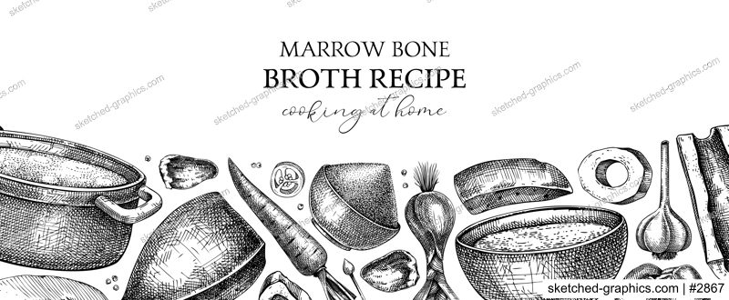 Healthy food background. Marrow bone broth banner. Hot soup served on plates, pans, bowls, organ meat, vegetables, marrow bones sketches. Hand-drawn vector illustrations. Homemade food ingredients