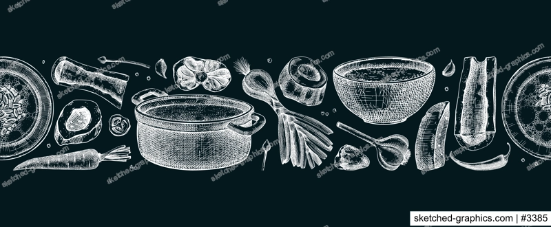 Healthy food background. Marrow bone broth border. Hot soup on plates, pans, bowls, organ meat, vegetables, marrow bones sketches. Hand drawn vector illustrations. Homemade food seamless pattern