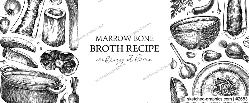 Healthy food background. Marrow bone broth banner. Hot soup on plates, pans, bowls, organ meat, vegetables, marrow bones sketches. Hand drawn vector illustrations. Homemade food ingredient
