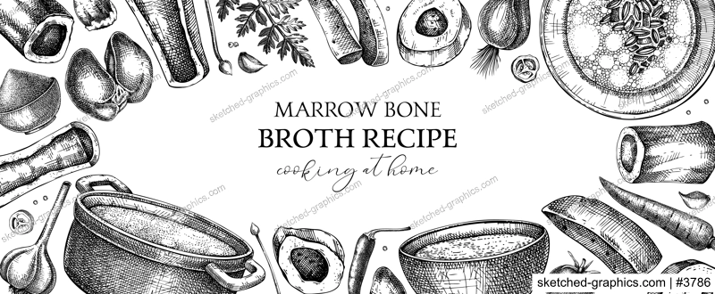 Healthy food background. Marrow bone broth banner. Hot soup on plates, pans, bowls, organ meat, vegetables, marrow bones sketches. Hand drawn vector illustrations. Homemade food ingredient
