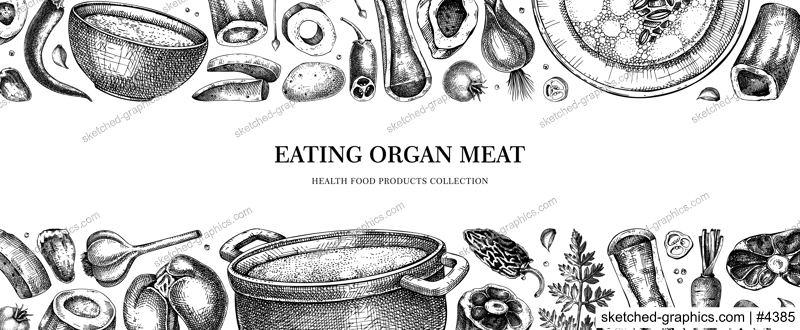 Healthy food background. Marrow bone broth banner. Hot soup on plates, pans, bowls, organ meat, vegetables, marrow bones sketches. Hand drawn vector illustrations. Homemade food ingredient