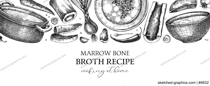 Healthy food background. Marrow bone broth banner. Hot soup on plates, pans, bowls, organ meat, vegetables, marrow bones sketches. Hand drawn vector illustrations. Homemade food ingredient