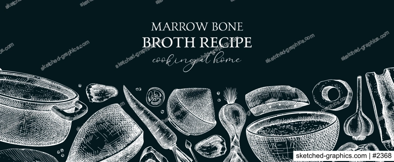Healthy food background. Marrow bone broth banner on chalkboard. Hot soup served on plates, pans, bowls, organ meat, vegetables, marrow bones sketches. Hand-drawn vector illustrations