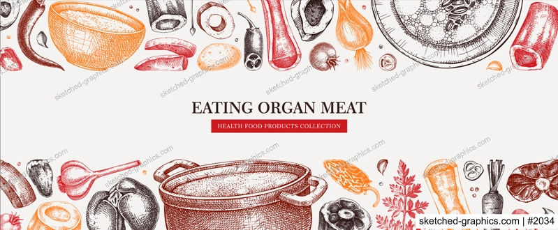 Healthy food background in color. Marrow bone broth banner. Hot soup on plates, pans, bowls, organ meat, vegetables, marrow bones sketches. Hand drawn vector illustrations. Homemade food ingredient