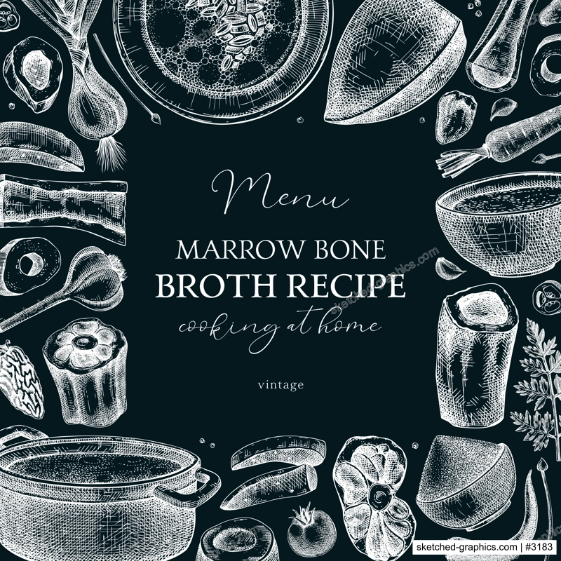 Healthy food background. Marrow bone broth frame. Hot soup on plates, pans, bowls, organ meat, vegetables, marrow bones sketches. Hand drawn vector illustrations. Homemade food on chalkboard