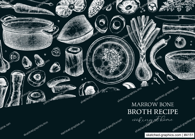 Healthy food background. Marrow bone broth frame. Hot soup on plates, pans, bowls, organ meat, vegetables, marrow bones sketches. Hand drawn vector illustrations. Homemade food on chalkboard