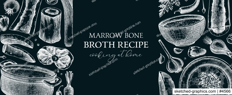 Healthy food background. Marrow bone broth banner. Hot soup on plates, pans, bowls, organ meat, vegetables, marrow bones sketches. Hand drawn vector illustrations. Homemade food on chalkboard