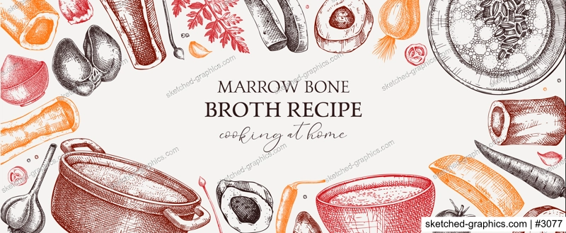 Healthy food background in color. Marrow bone broth frame. Hot soup on plates, pans, bowls, organ meat, vegetables, marrow bones sketches. Hand drawn vector illustrations. Homemade food ingredient
