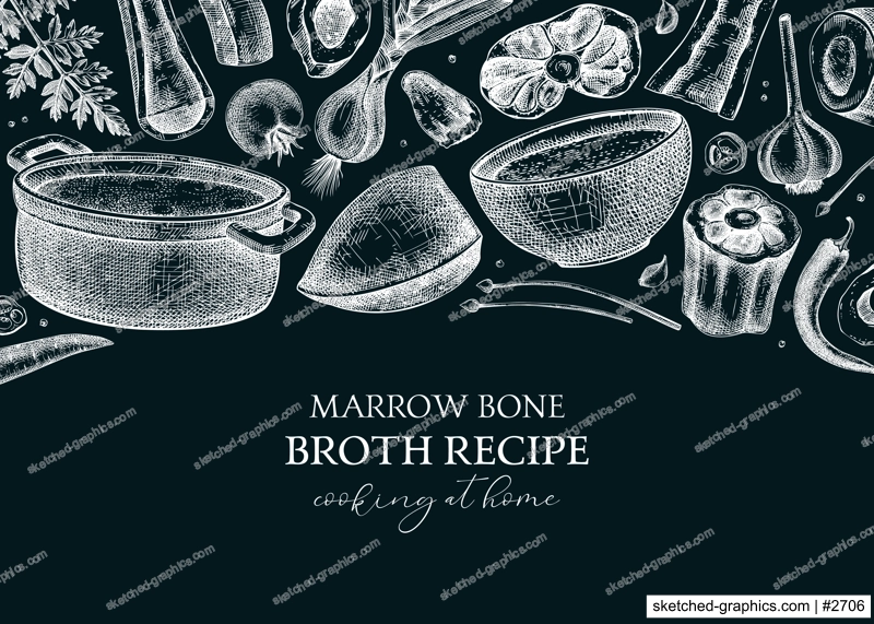 Healthy food background. Marrow bone broth frame. Hot soup on plates, pans, bowls, organ meat, vegetables, marrow bones sketches. Hand drawn vector illustrations. Homemade food on chalkboard