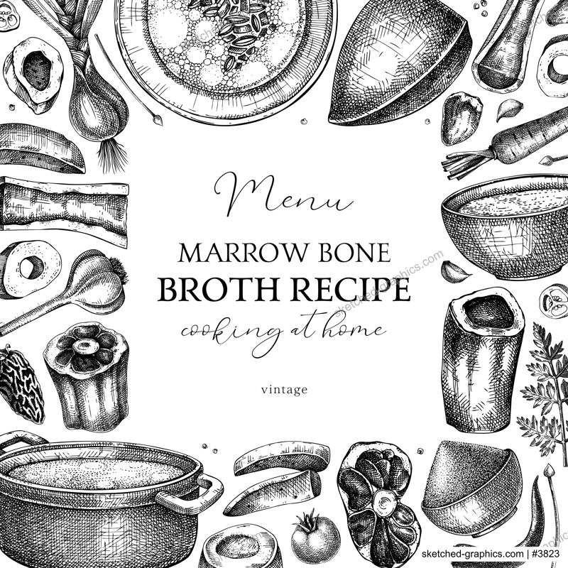 Healthy food background. Marrow bone broth frame. Hot soup on plates, pans, bowls, organ meat, vegetables, marrow bones sketches. Hand drawn vector illustrations. Homemade food ingredient