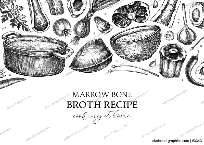 Healthy food background. Marrow bone broth frame. Hot soup on plates, pans, bowls, organ meat, vegetables, marrow bones sketches. Hand drawn vector illustrations. Homemade food ingredient