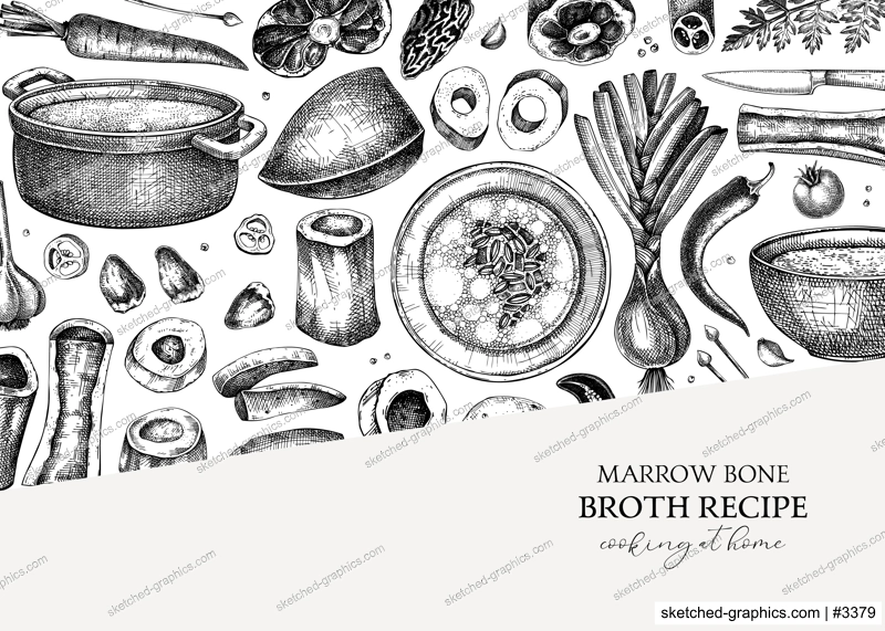 Healthy food background. Marrow bone broth frame. Hot soup on plates, pans, bowls, organ meat, vegetables, marrow bones sketches. Hand drawn vector illustrations. Homemade food ingredient