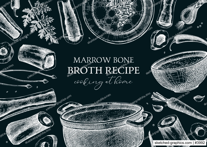 Healthy food background. Marrow bone broth frame. Hot soup served on plates, pans, bowls, vegetables, marrow bones sketches. Engraved vector food illustrations isolated on chalkboard