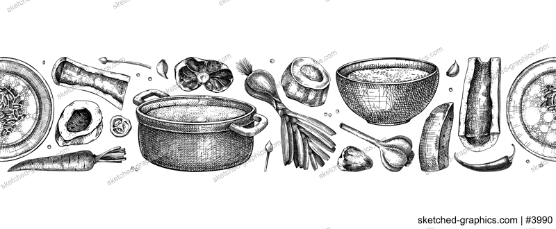 Healthy food background. Marrow bone broth border. Hot soup on plates, pans, bowls, organ meat, vegetables, marrow bones sketches. Hand drawn vector illustrations. Homemade food seamless pattern