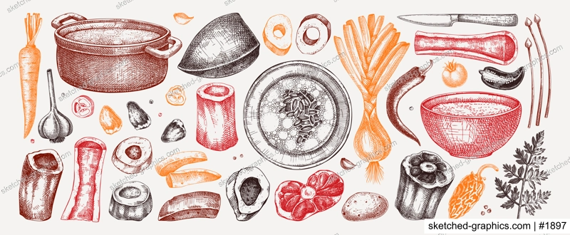 Healthy food set in color. Marrow bone broth, hot soup served on plates, pans, bowls, vegetables, organ meat, marrow bones sketches. Hand drawn vector illustrations. Homemade food menu design elements