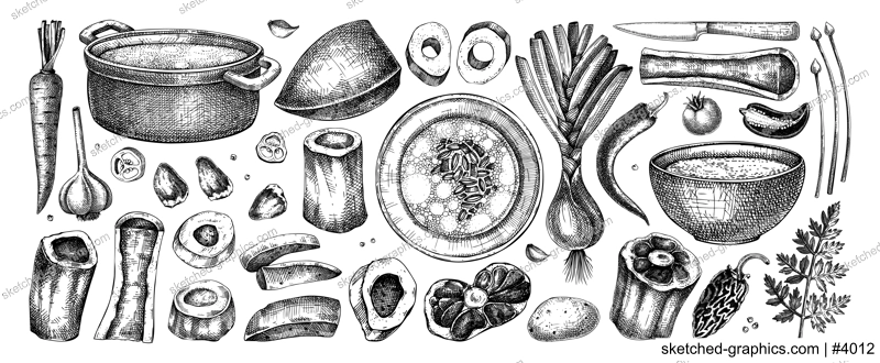 Healthy food set. Marrow bone broth, hot soup served on plates, pans, bowls, vegetables, organ meat, marrow bones sketches. Hand drawn vector illustrations. Homemade food menu design elements