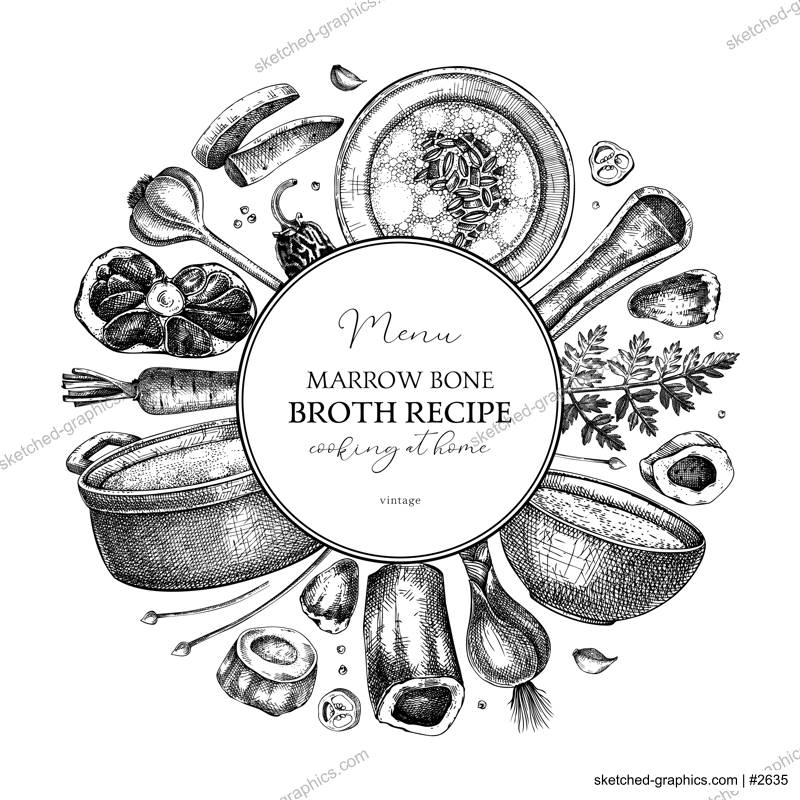 Healthy food background. Marrow bone broth wreath. Hot soup on plates, pans, bowls, organ meat, vegetables, marrow bones sketches. Hand drawn vector illustrations. Homemade food ingredient