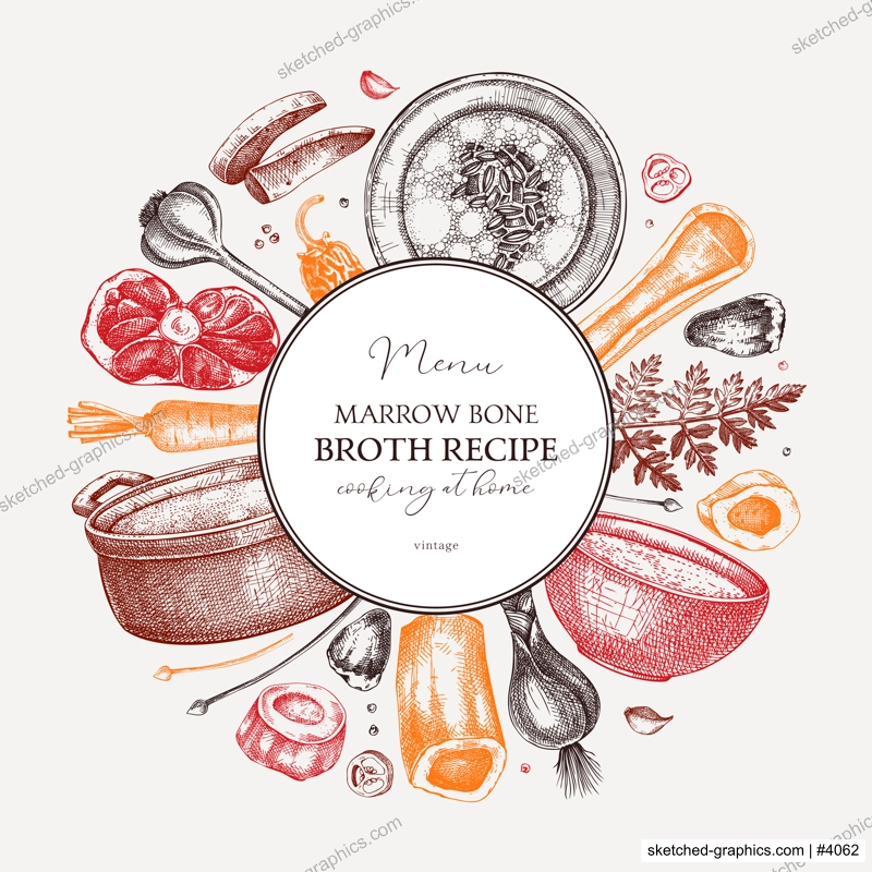 Healthy food background. Marrow bone broth wreath. Hot soup on plates, pans, bowls, organ meat, vegetables, marrow bones sketches. Hand drawn vector illustrations. Homemade food ingredient