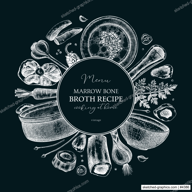 Healthy food background. Marrow bone broth wreath. Hot soup on plates, pans, bowls, organ meat, vegetables, marrow bones sketches. Hand drawn vector illustrations. Homemade food on chalkboard