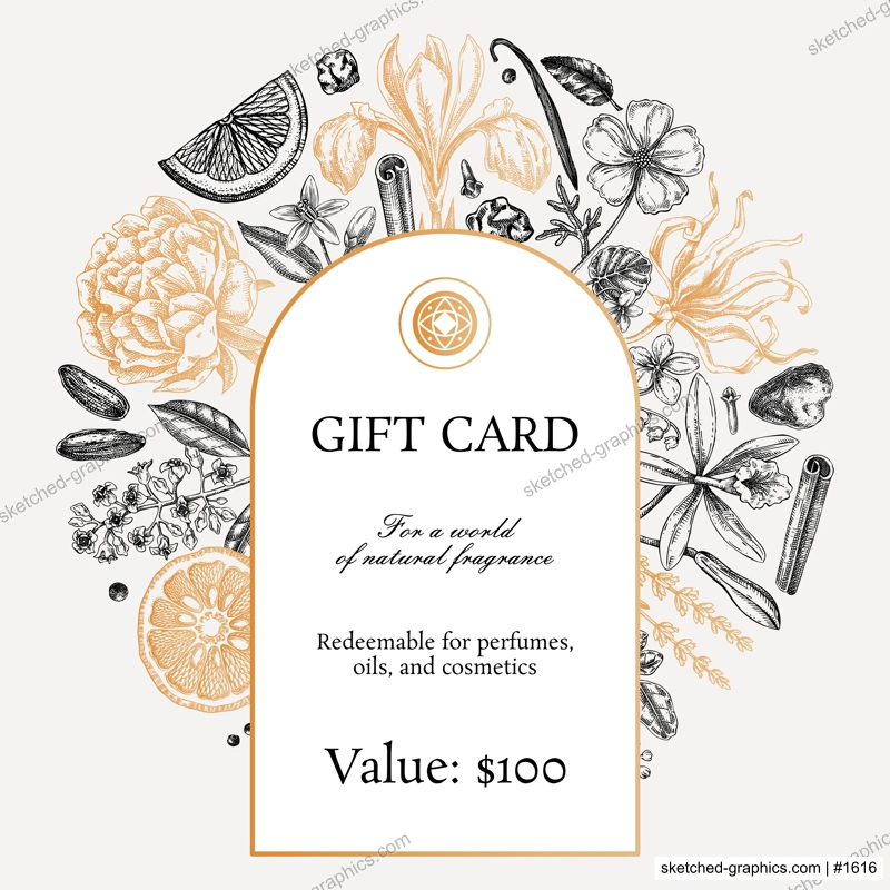 Sketch style botanical gift card template. Vintage perfume and cosmetic frame design. Hand-drawn vector illustration. Aromatic plants and flower sketches. NOT AI generated