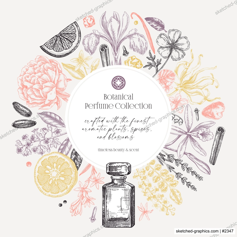 Sketch style botanical gift card template. Vintage perfume and cosmetic frame design. Hand-drawn vector illustration. Aromatic plants and flower sketches. NOT AI generated