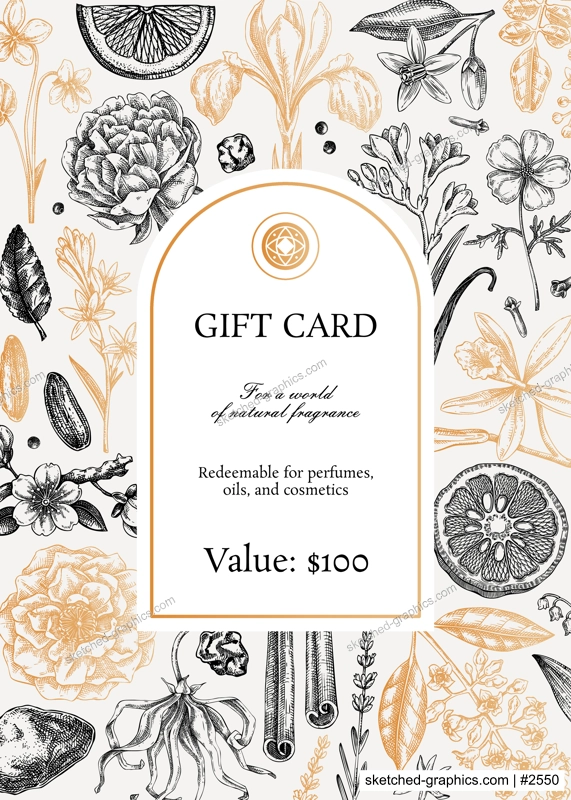 Sketch style botanical gift card template. Vintage perfume and cosmetic frame design. Hand-drawn vector illustration. Aromatic plants and flower sketches. NOT AI generated
