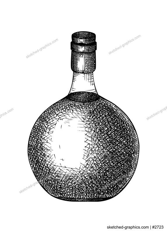 Hand-sketched brandy bottle illustration. Vector sketch of alcoholic drink in a glassware. Alcohol beverage bottle hand-drawing isolated on white