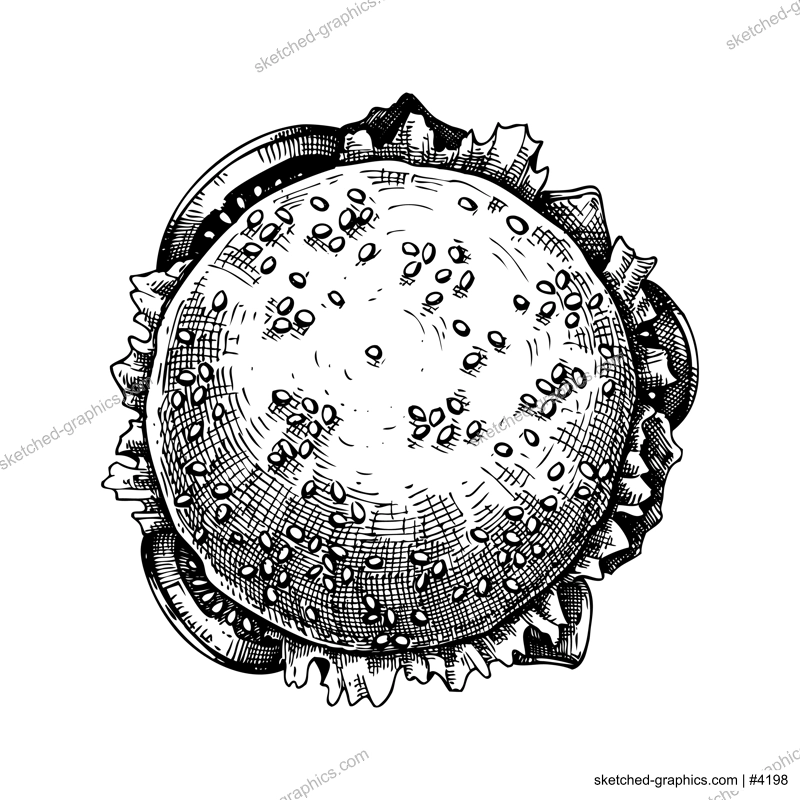 Top view burger sketch. Hand drawn vector illustration. Fast food drawing in vintage style