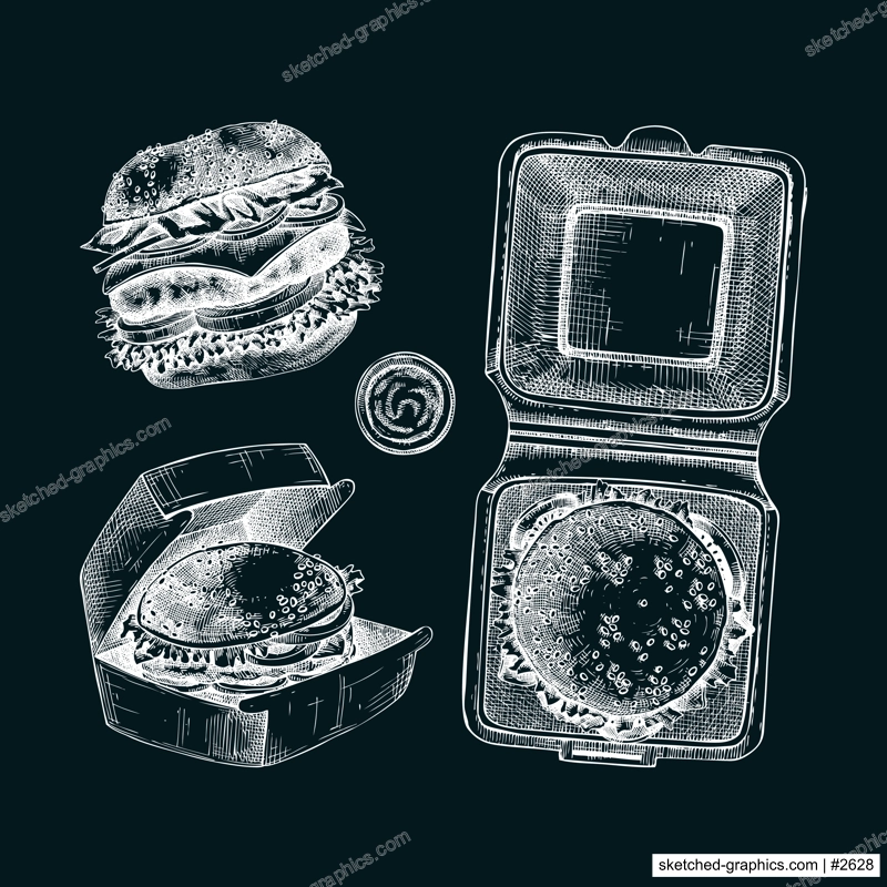 Fast food hand drawn vector illustrations. Different burger sketches. Takeaway food or restaurant delivery service design elements on chalkboard