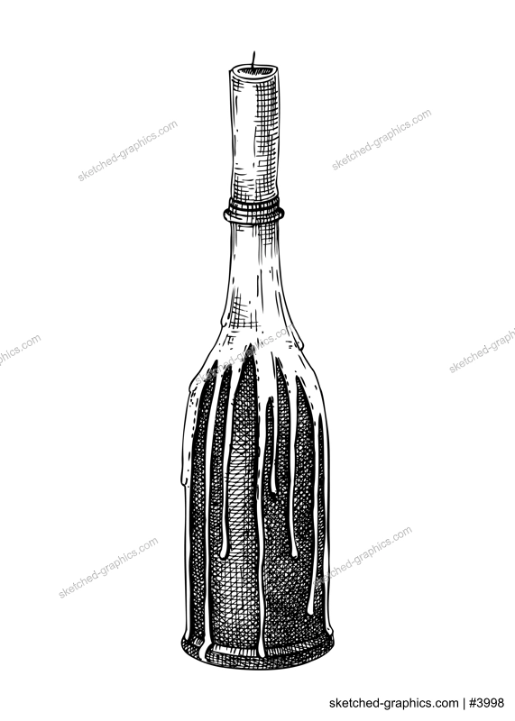Burning candle in glass bottle candlestick sketch. Hand draw wax candle isolated on white background. Halloween design element. Hand drawn home decoration. Candlelight vector illustration