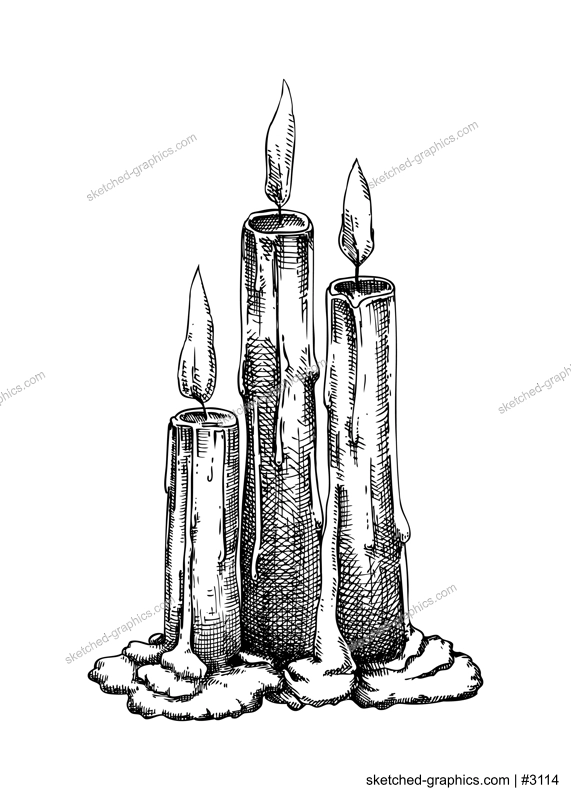 Hand drawn composition with burning candles sketch. Hand draw wax candles isolated on white background. Halloween design element. Hand drawn home decoration. Candlelight vector illustration for 