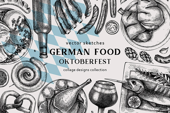 German food vector sketches. Oktoberfest designs bundle. 