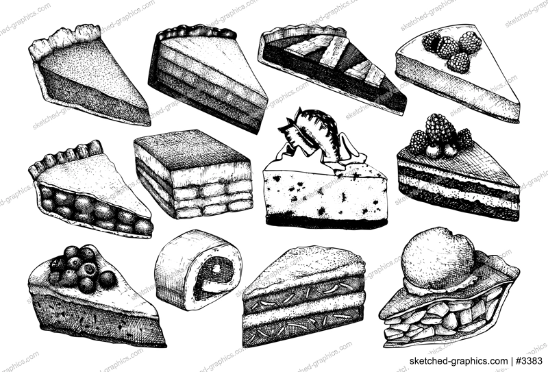 Digital vector detailed line art sliced cake and cupcakes hand drawn retro illustration collection. Thin artistic pencil outline. Vintage ink flat, engraved design doodle sketches