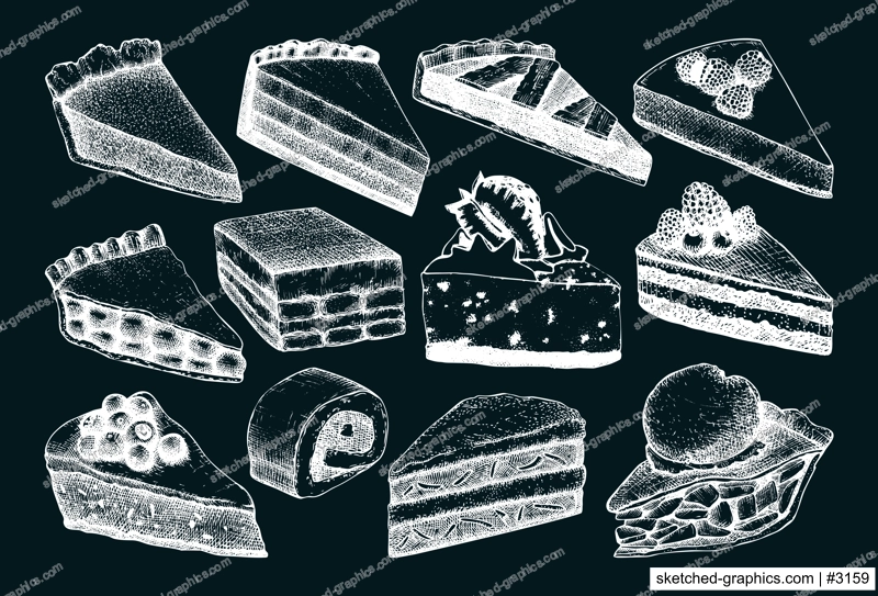 Hand-drawn cake slices illustration isolated on chalkboard. Vector desserts sketches in engraved style for bakery, cafe menu, confectionery. 