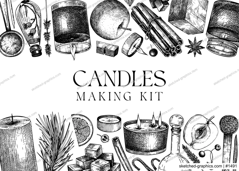 Hand-sketched aromatic candle ingredients banner. Vector design with candles, wax, fragrance, color, herbs, and skewers. Frame template for aromatherapy, hobby, handcrafts, candle making.